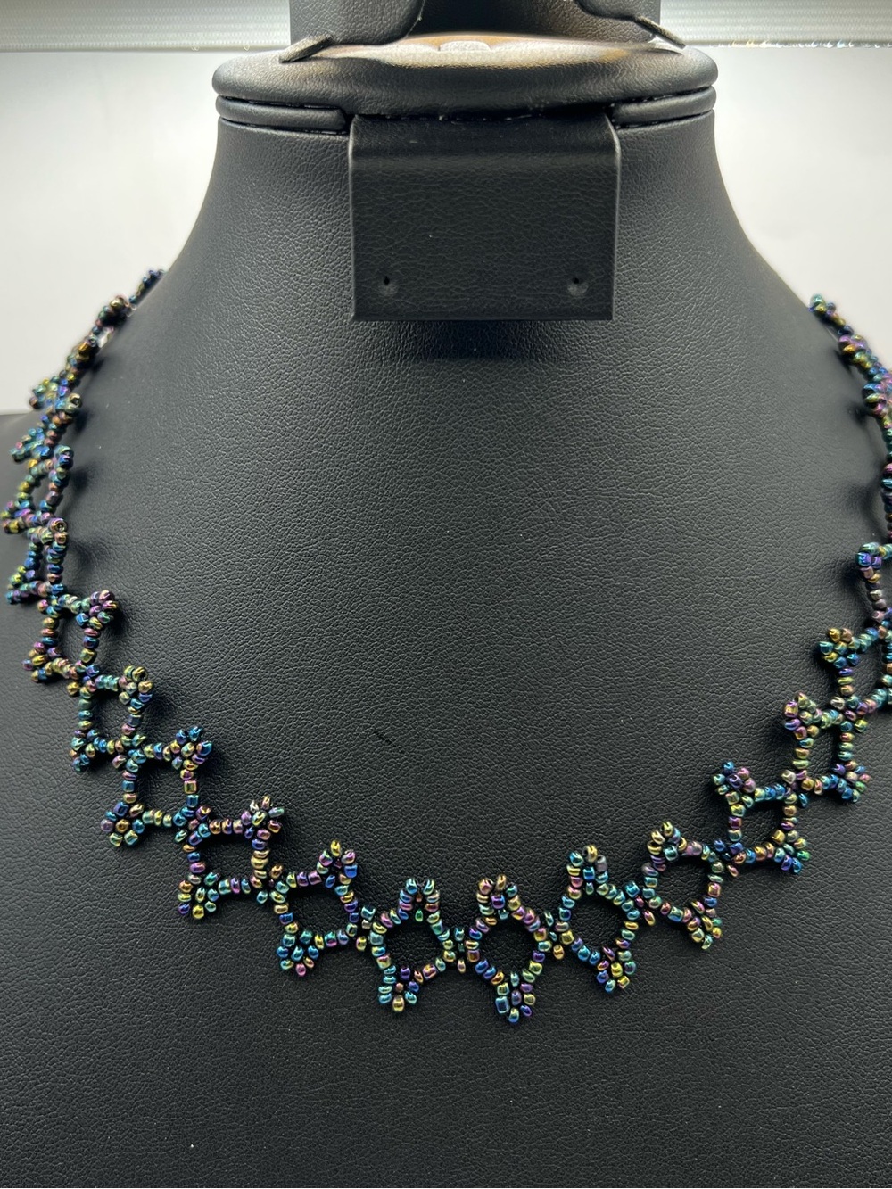 Vintage Iridescent Seed Bead Lace Choker Necklace Rainbow Oil Slick Adjustable